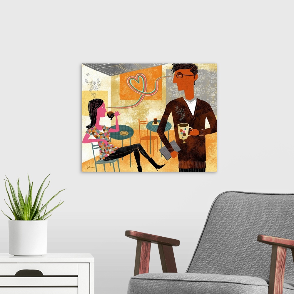 A modern room featuring Contemporary illustration with a retro feel of a man and a woman sharing a cup of coffee in a cafe.