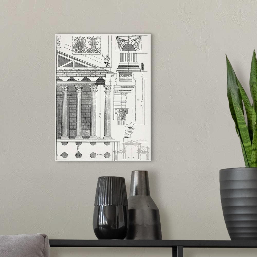 A modern room featuring Black and white architectural illustration and blueprint of detailed columns with numbered measur...