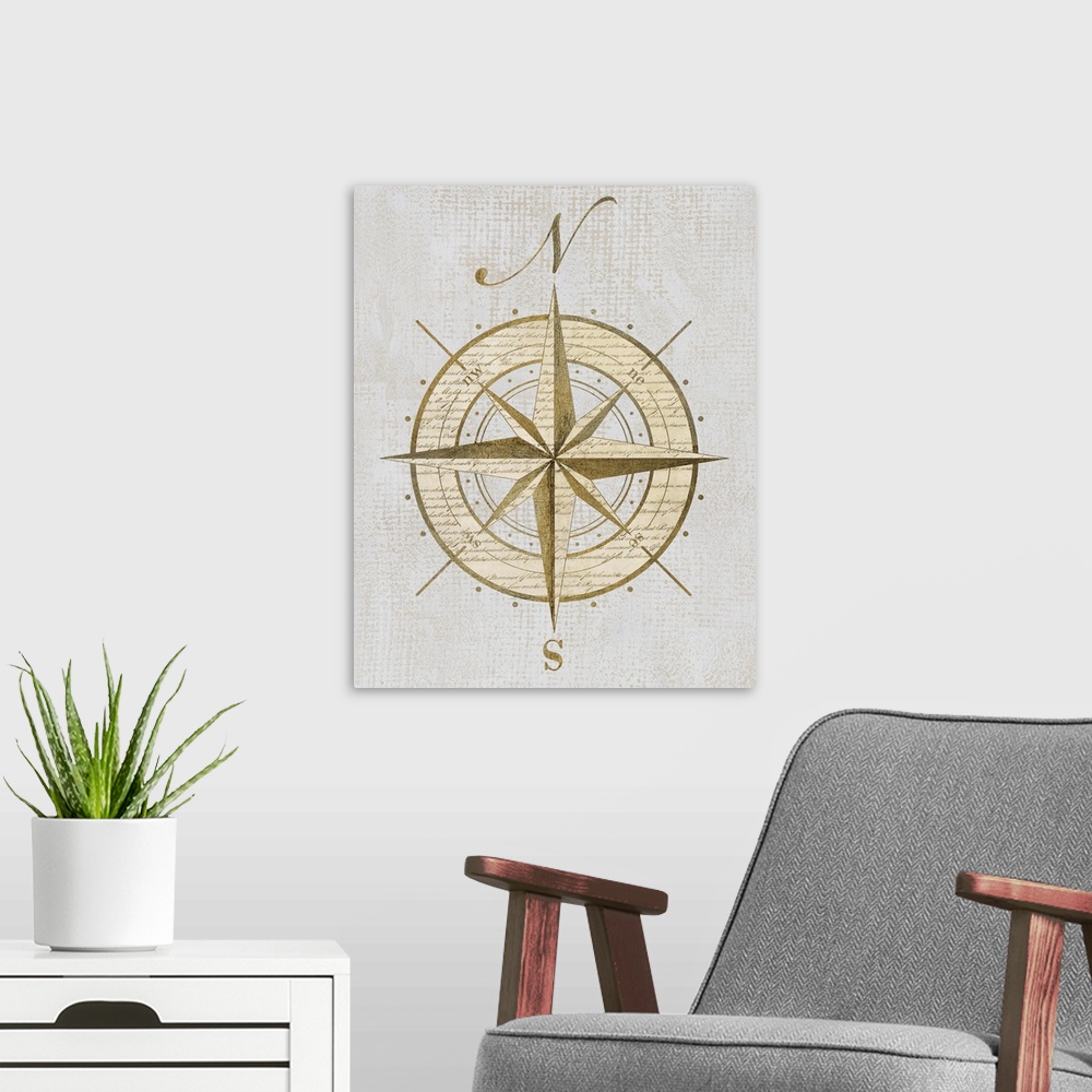 A modern room featuring Artwork of an antique compass rose representing north and south.