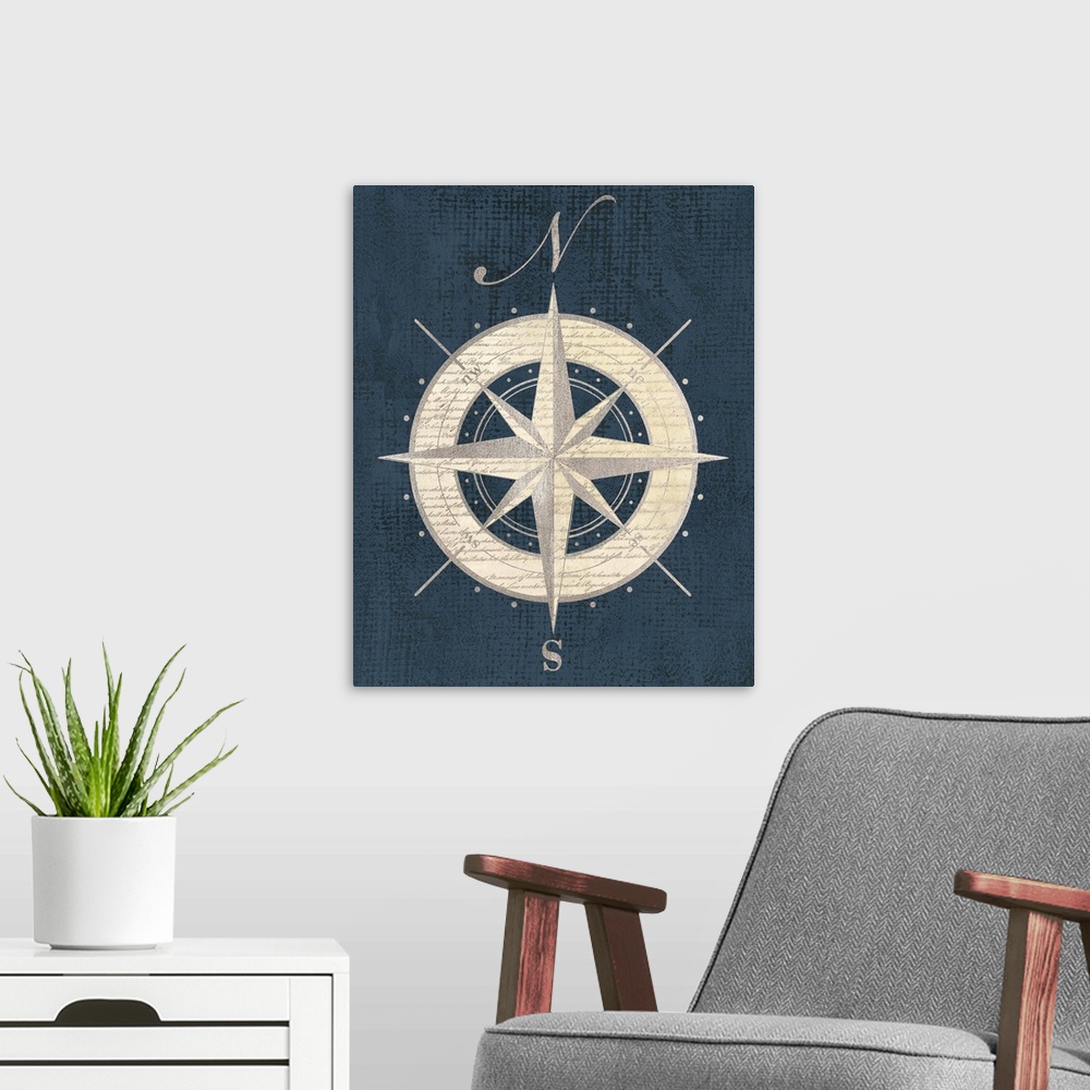 A modern room featuring Artwork of an antique compass rose representing north and south.