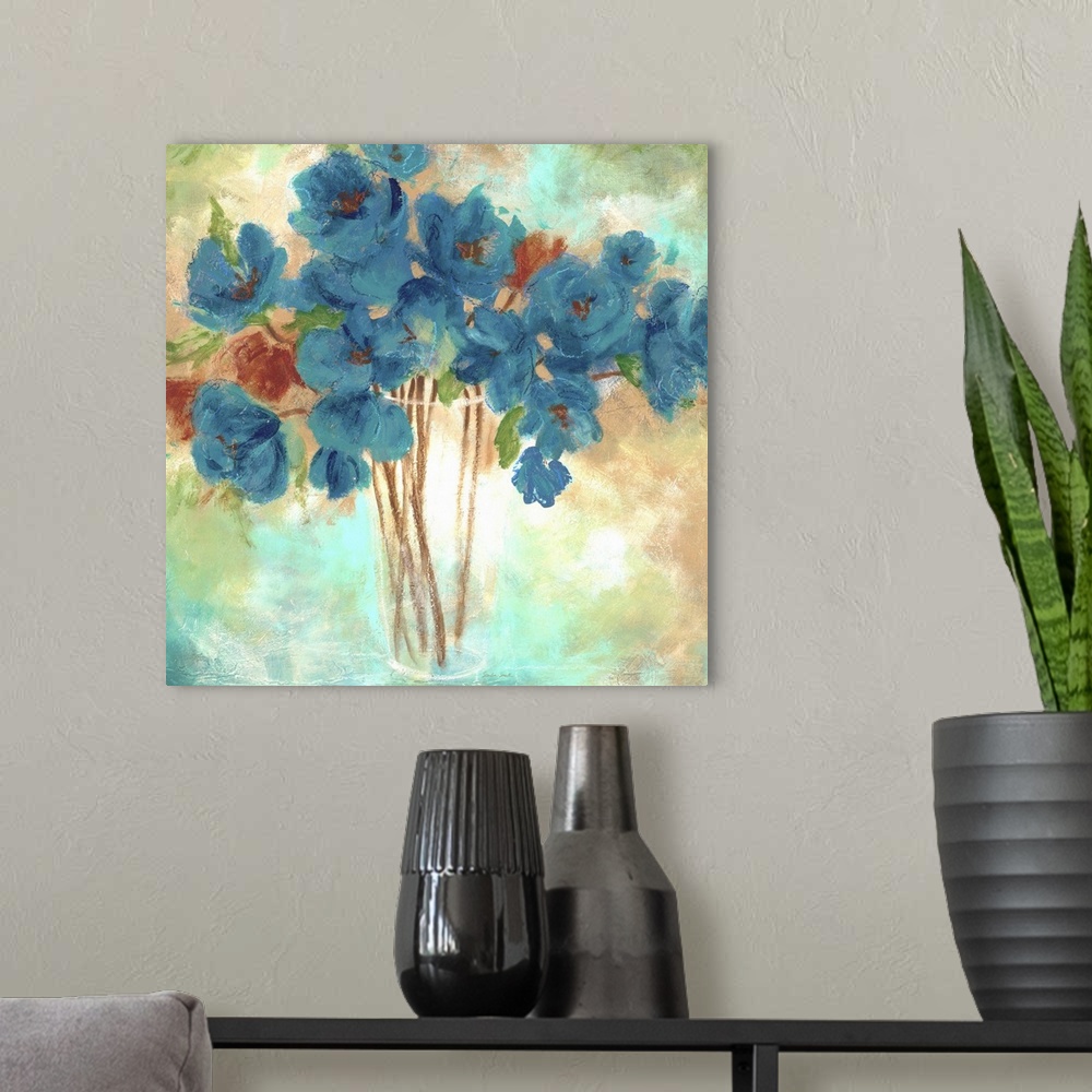 A modern room featuring Aqua toned painting of a bouquet of flowers in a glass vase.