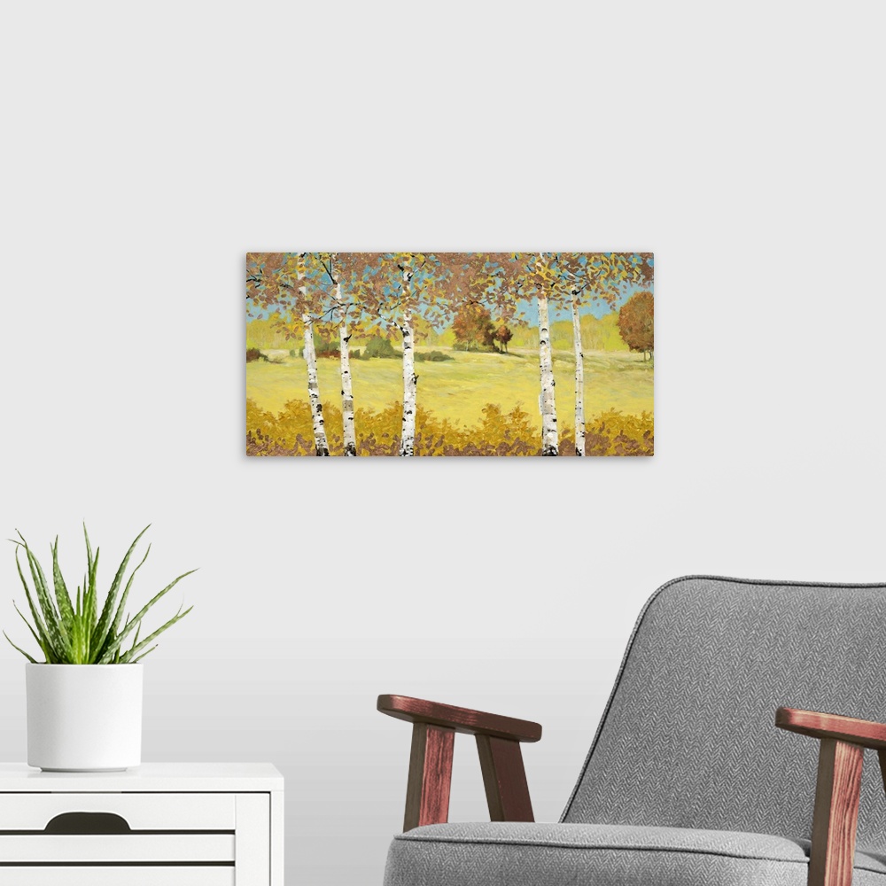 A modern room featuring Contemporary home decor artwork of white birch trees in a green field.