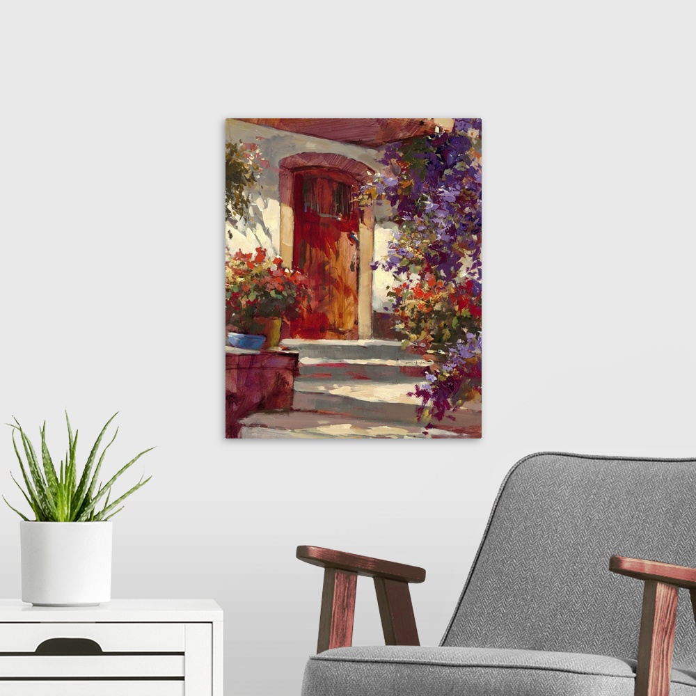A modern room featuring Contemporary painting of a village house front door, with vibrant flowers all around.
