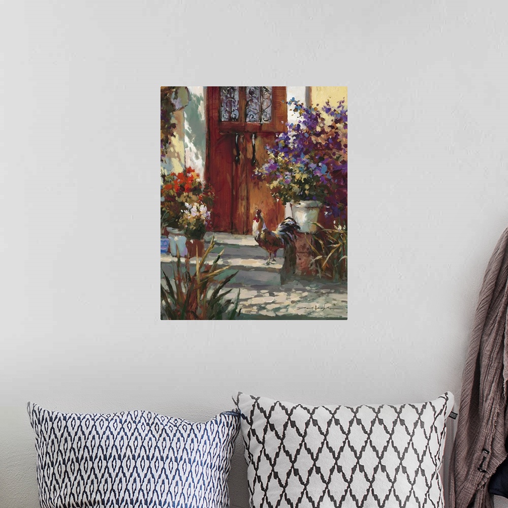 A bohemian room featuring Contemporary painting of a village house front door, with a rooster surrounded by vibrant flowers...