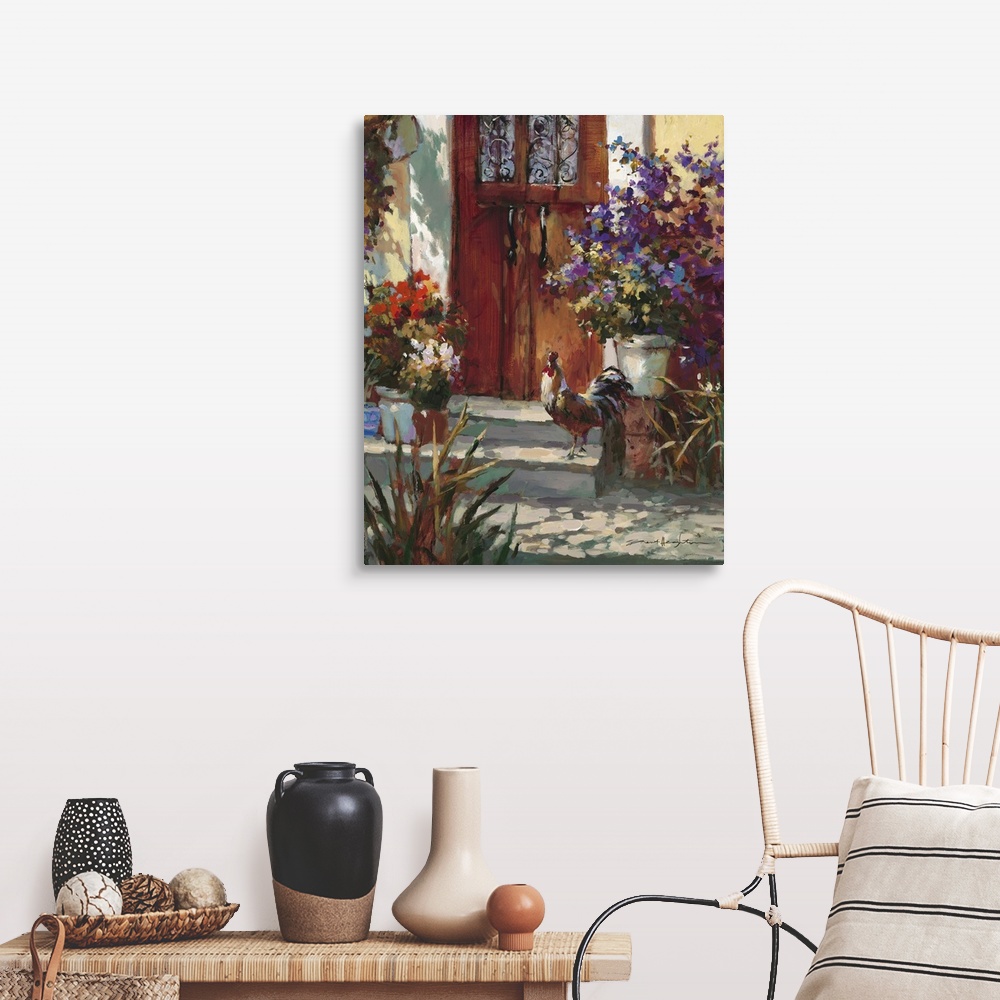 A farmhouse room featuring Contemporary painting of a village house front door, with a rooster surrounded by vibrant flowers...