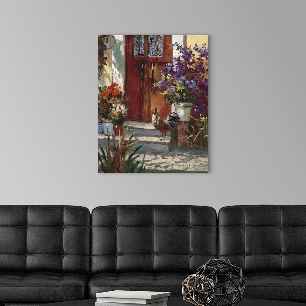 A modern room featuring Contemporary painting of a village house front door, with a rooster surrounded by vibrant flowers...