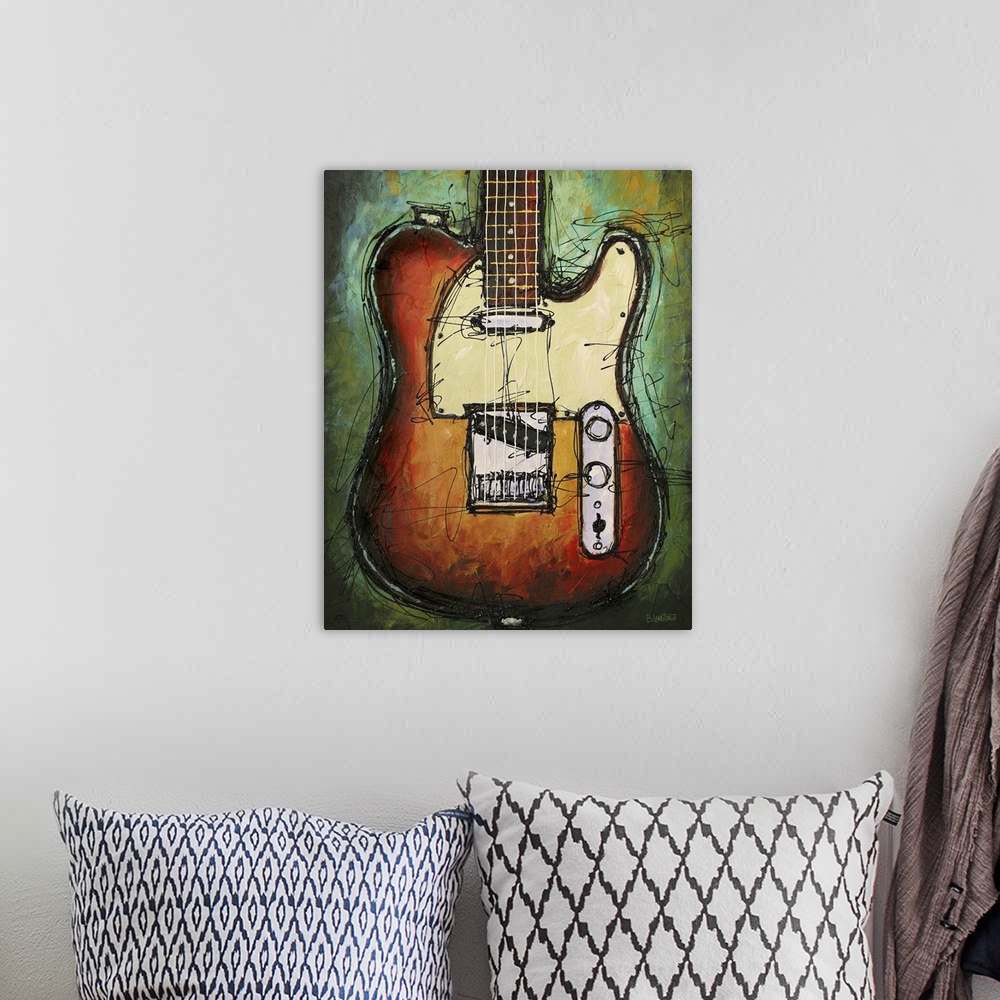 A bohemian room featuring Contemporary painting of a guitar against a green background.