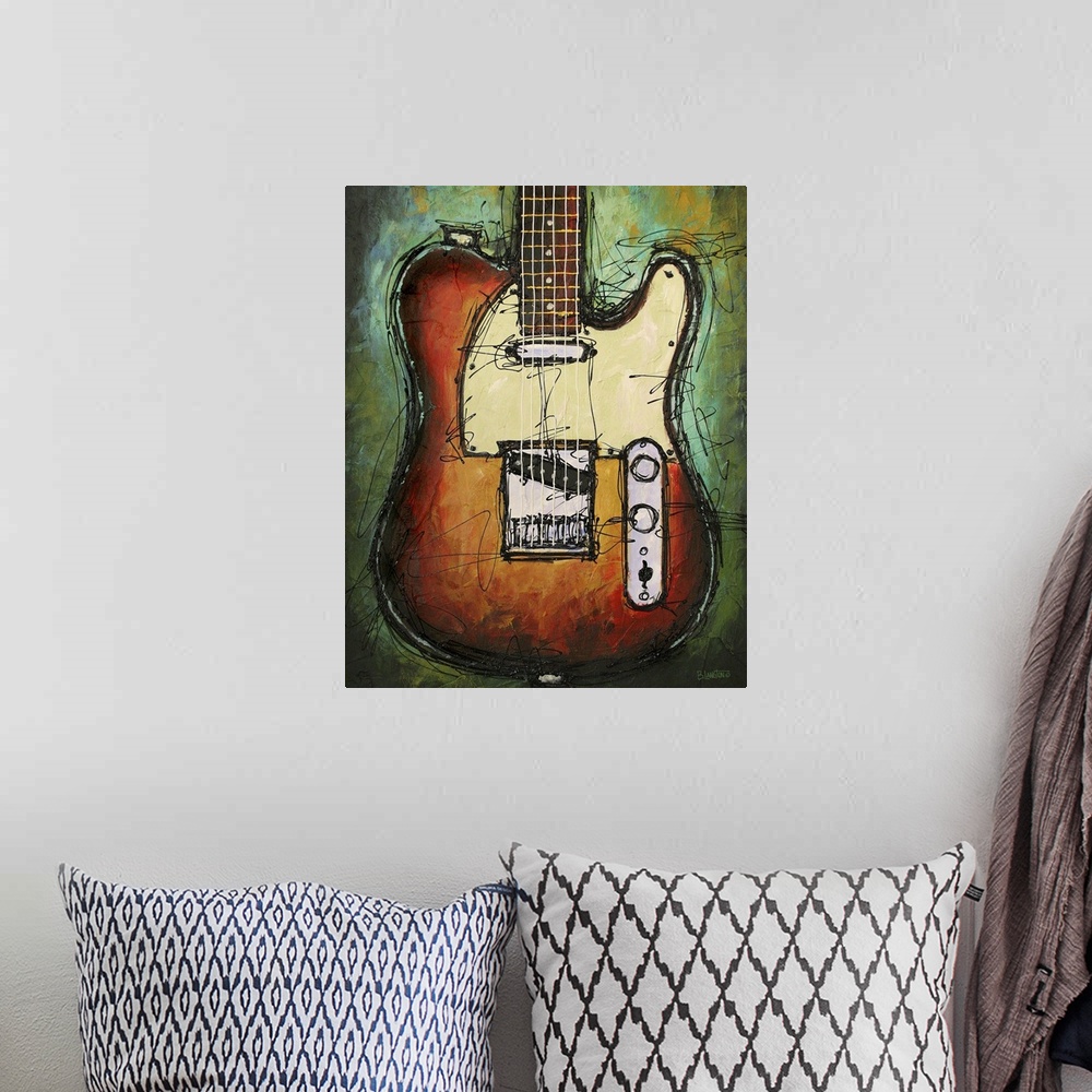 A bohemian room featuring Contemporary painting of a guitar against a green background.