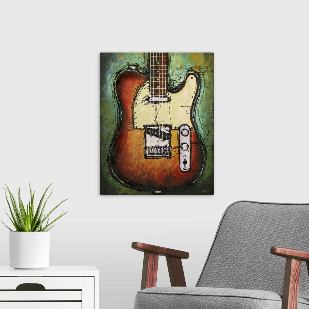 A modern room featuring Contemporary painting of a guitar against a green background.