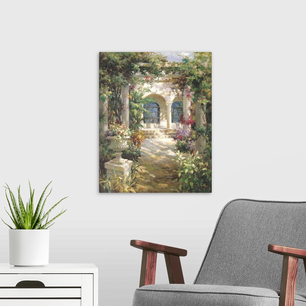 A modern room featuring Painting of a shady courtyard with arches and columns.