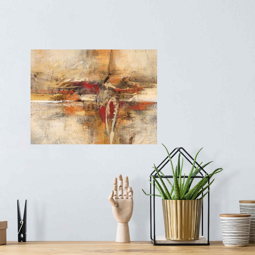 A bohemian room featuring Contemporary abstract art print with a heavy texture effect in coppery shades of orange and red.