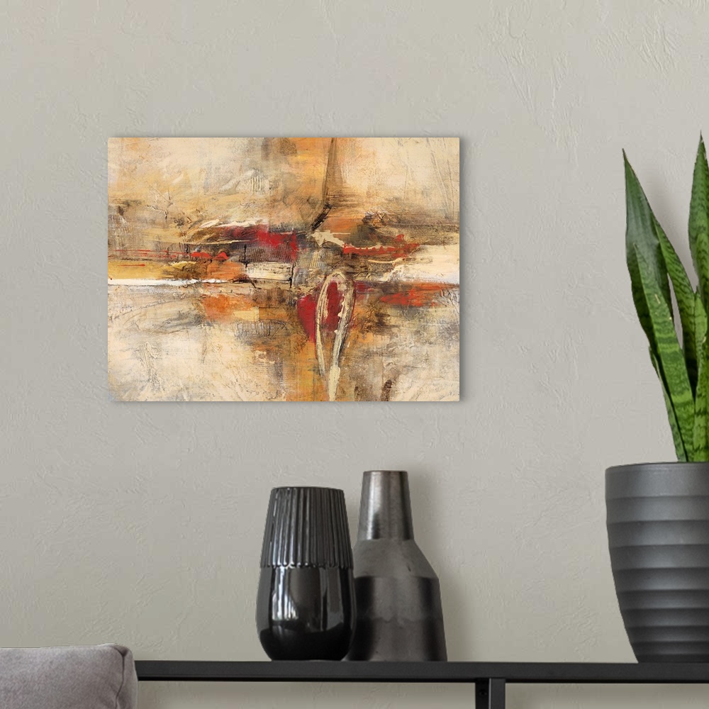 A modern room featuring Contemporary abstract art print with a heavy texture effect in coppery shades of orange and red.