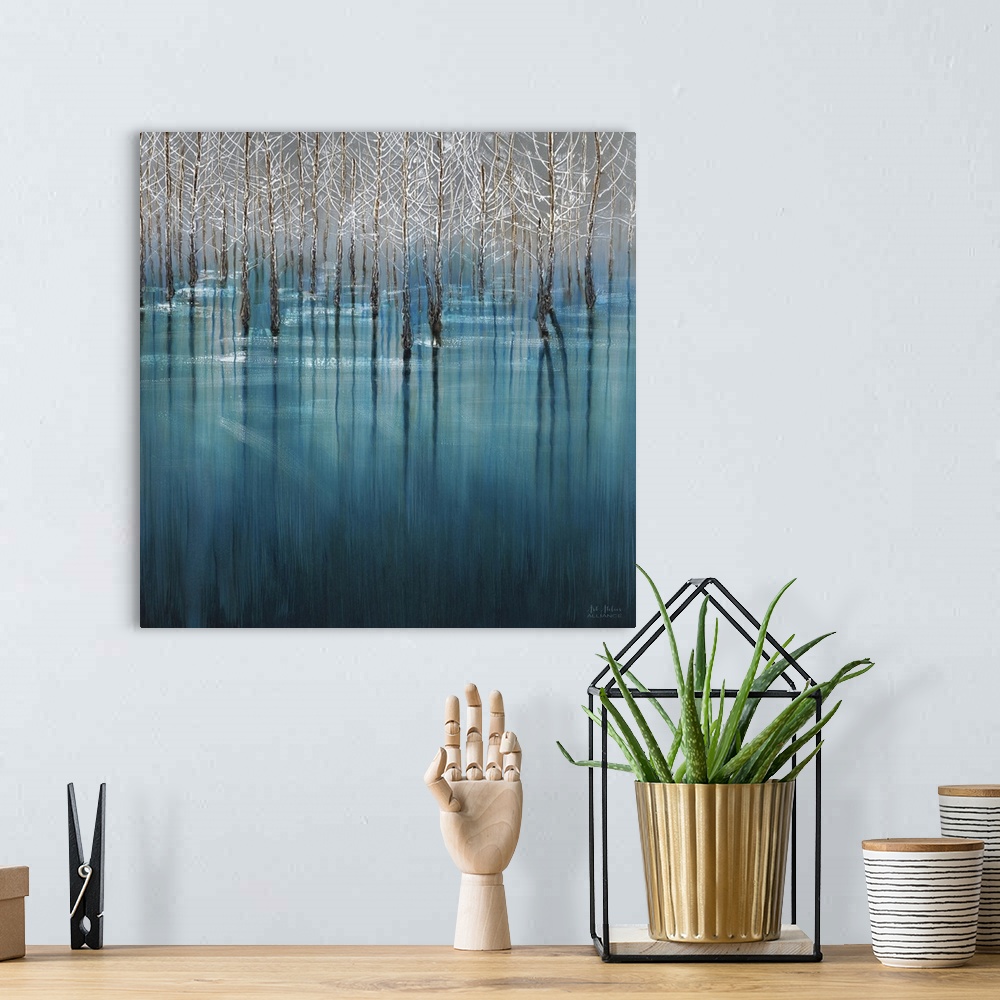 A bohemian room featuring Home decor artwork of a grove of white trees standing in a crystal blue waterscape.