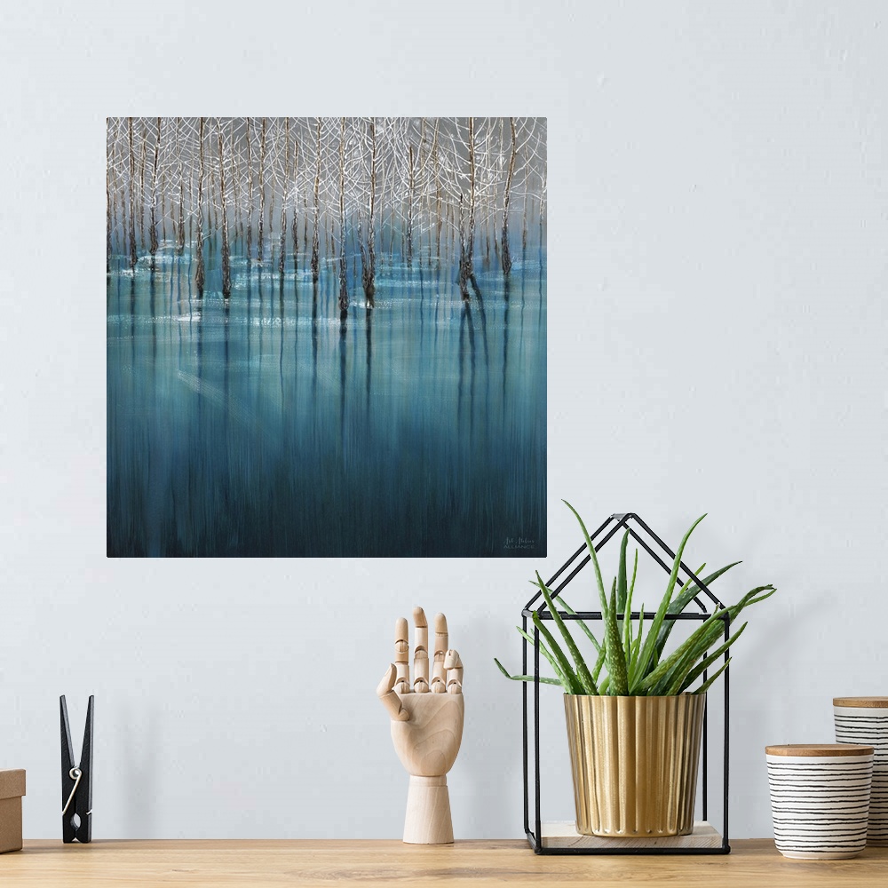 A bohemian room featuring Home decor artwork of a grove of white trees standing in a crystal blue waterscape.