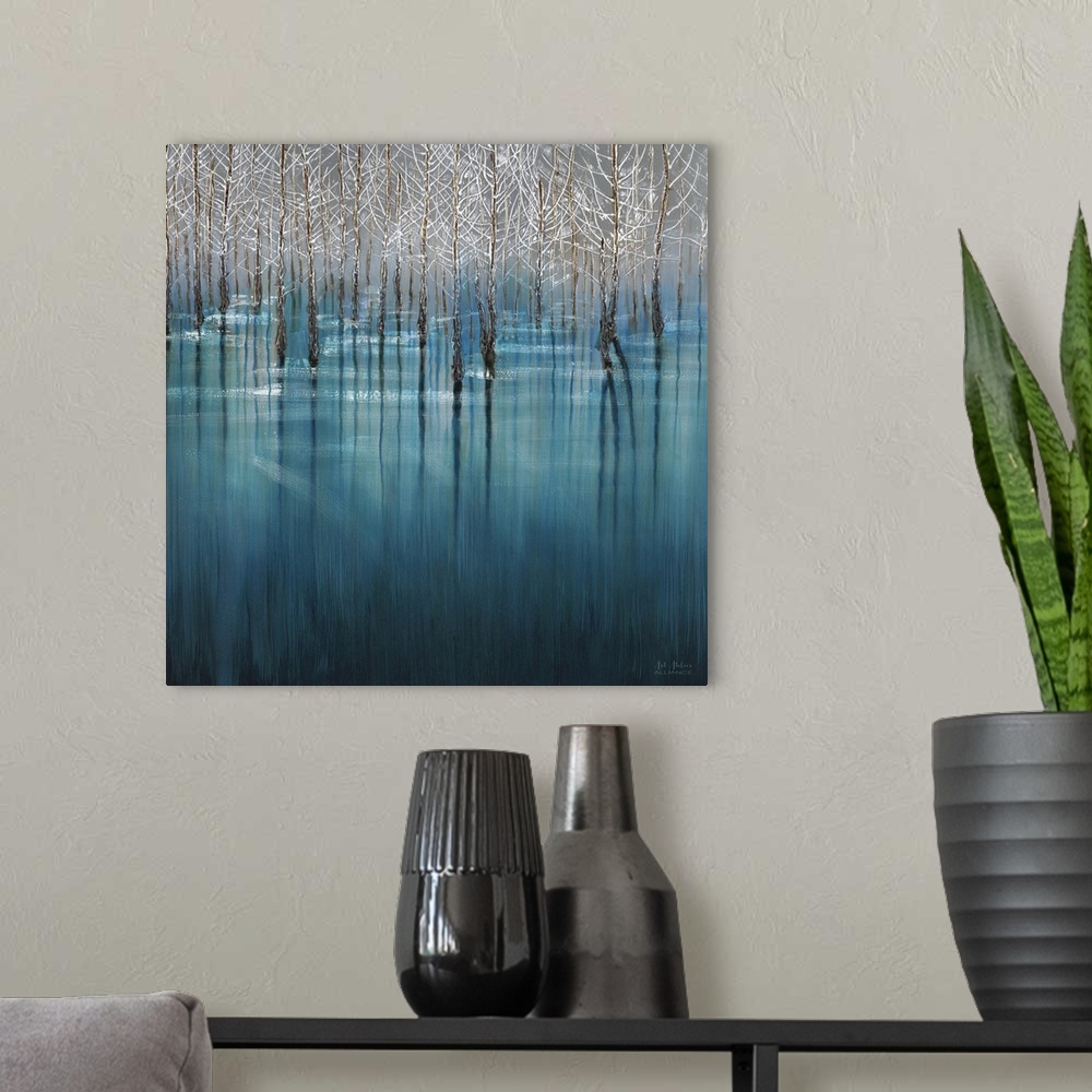 A modern room featuring Home decor artwork of a grove of white trees standing in a crystal blue waterscape.
