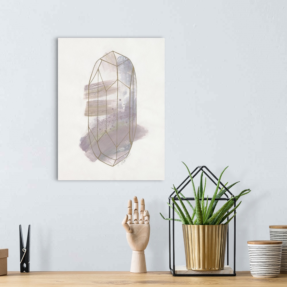 A bohemian room featuring Abstract artwork of a faceted crystal line drawing and shades of warm grey.