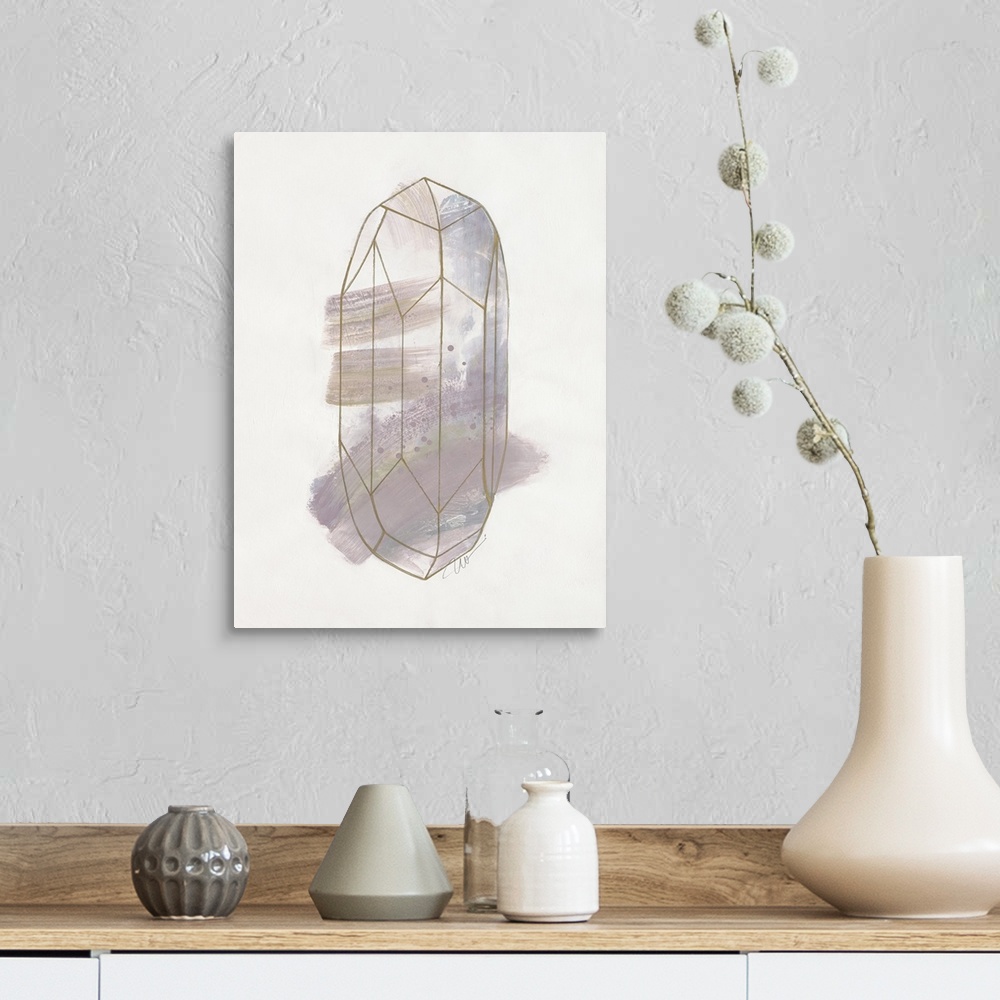 A farmhouse room featuring Abstract artwork of a faceted crystal line drawing and shades of warm grey.