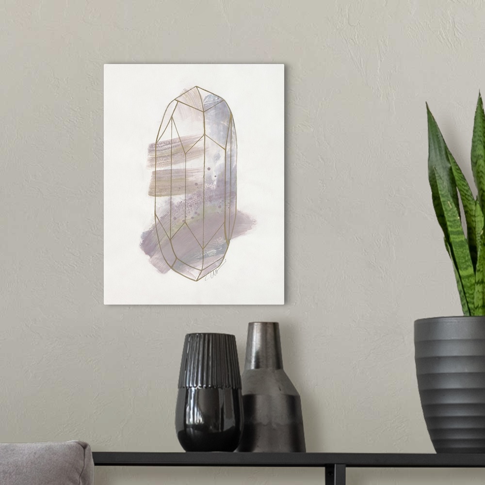 A modern room featuring Abstract artwork of a faceted crystal line drawing and shades of warm grey.