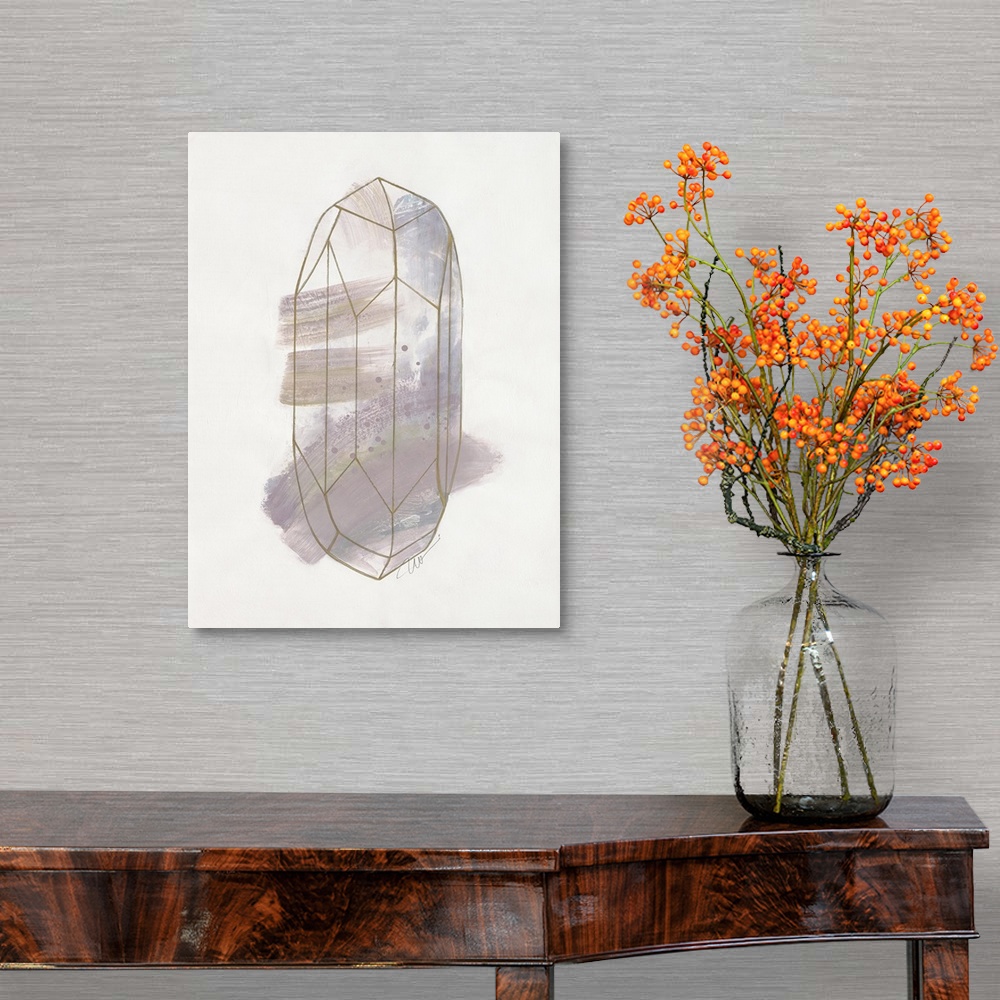 A traditional room featuring Abstract artwork of a faceted crystal line drawing and shades of warm grey.