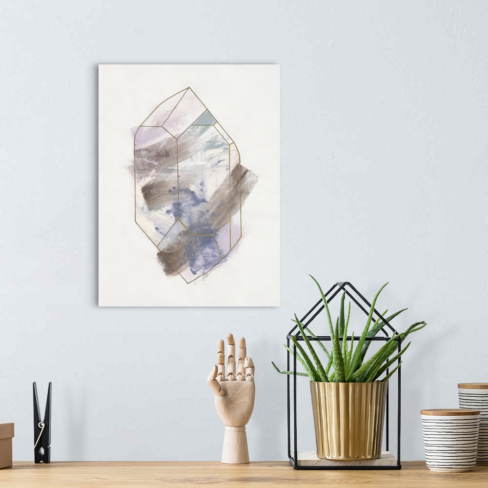 A bohemian room featuring Abstract artwork of a faceted crystal line drawing and shades of blue and grey.
