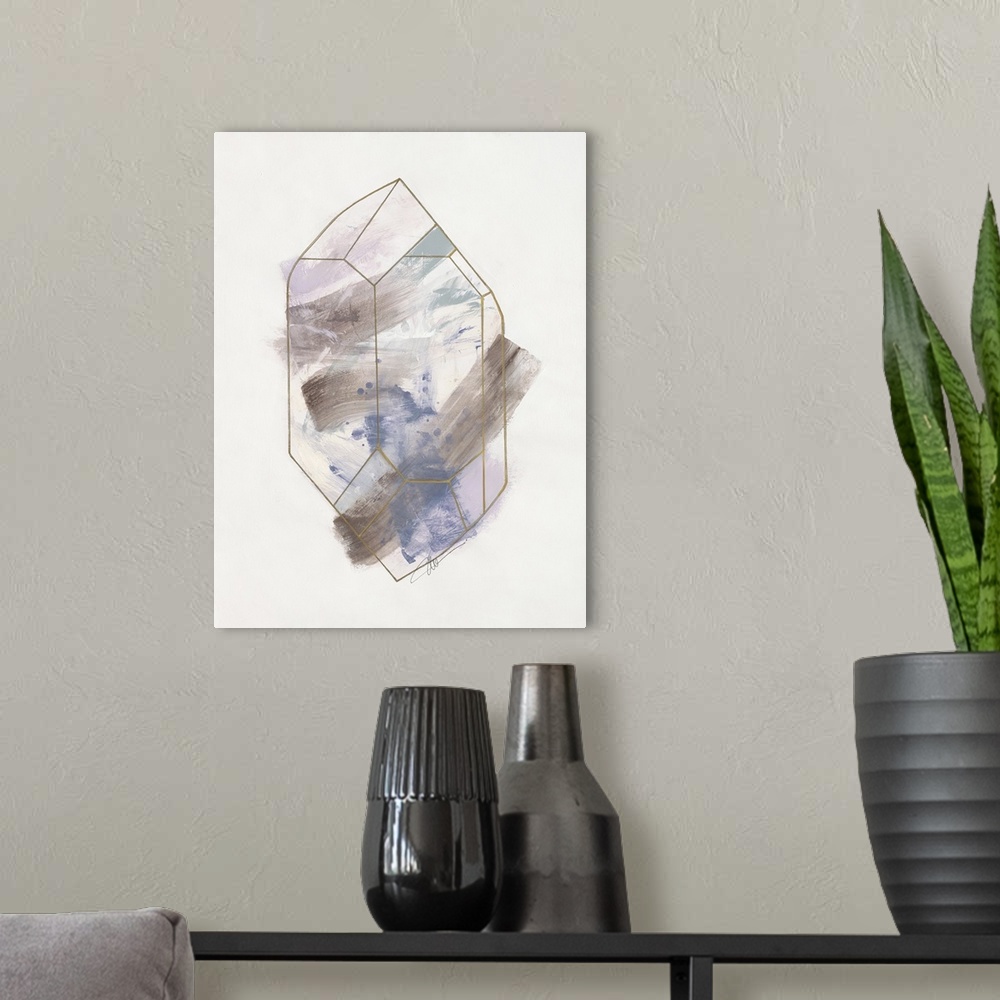 A modern room featuring Abstract artwork of a faceted crystal line drawing and shades of blue and grey.