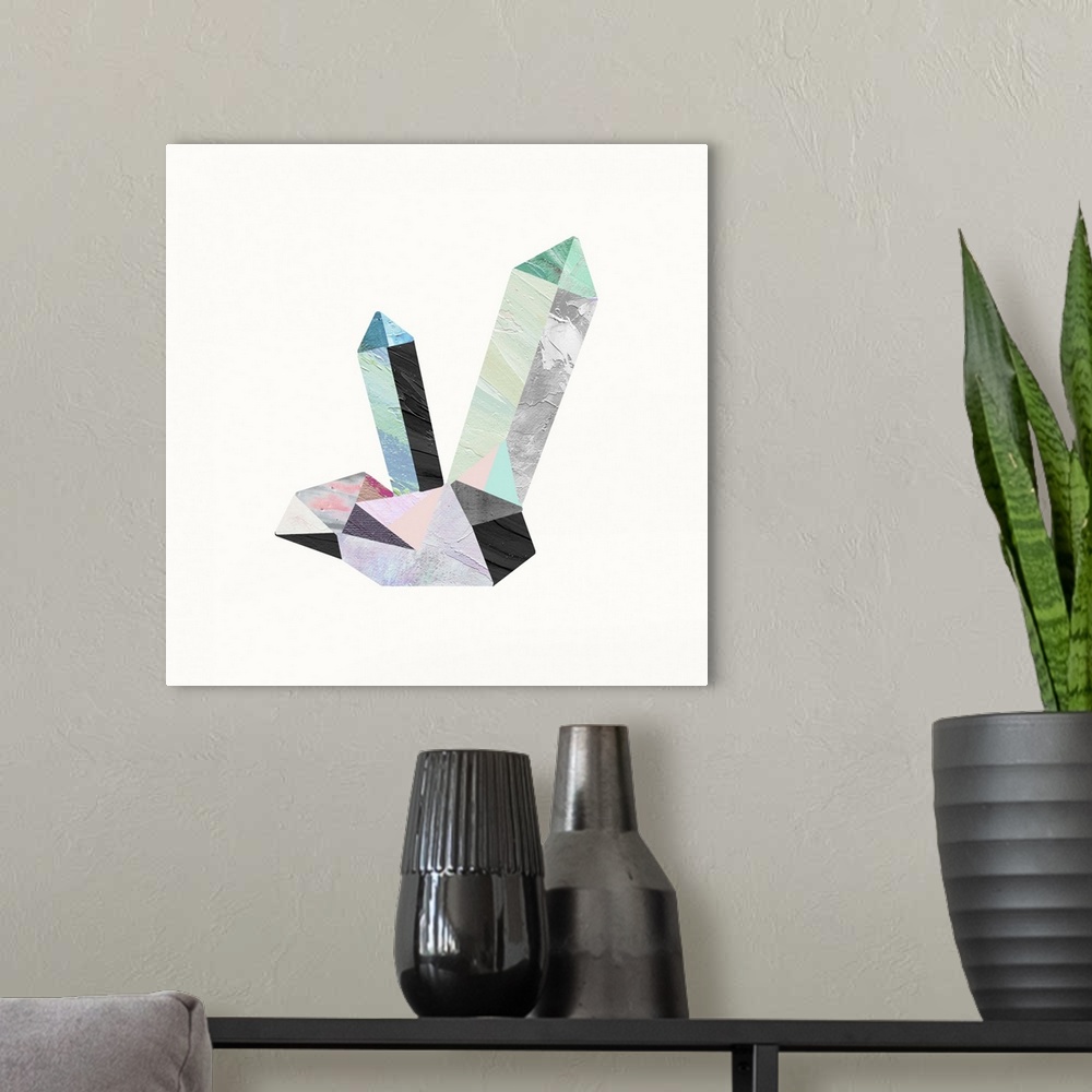 A modern room featuring Modern art of a faceted crystal shape in black, pink, and light blue on white.