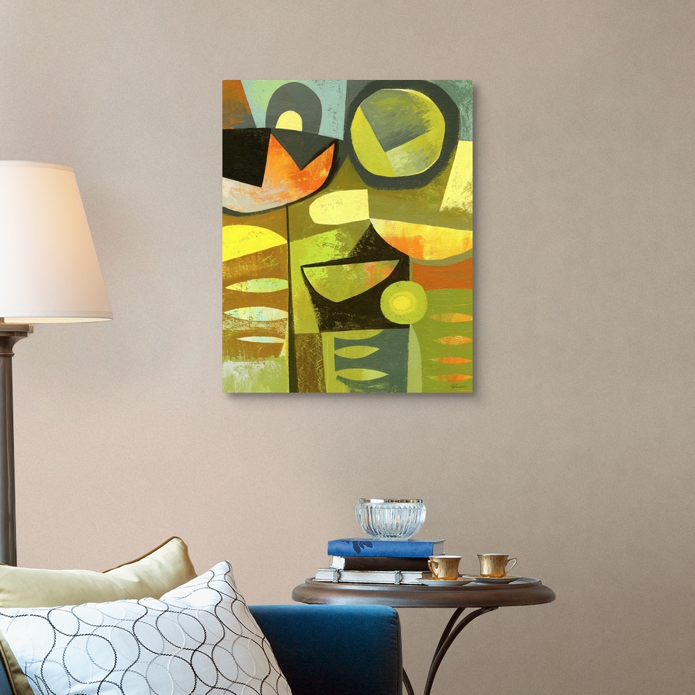 A traditional room featuring Contemporary artwork with a retro feel of ornately decorated and colorful shapes.