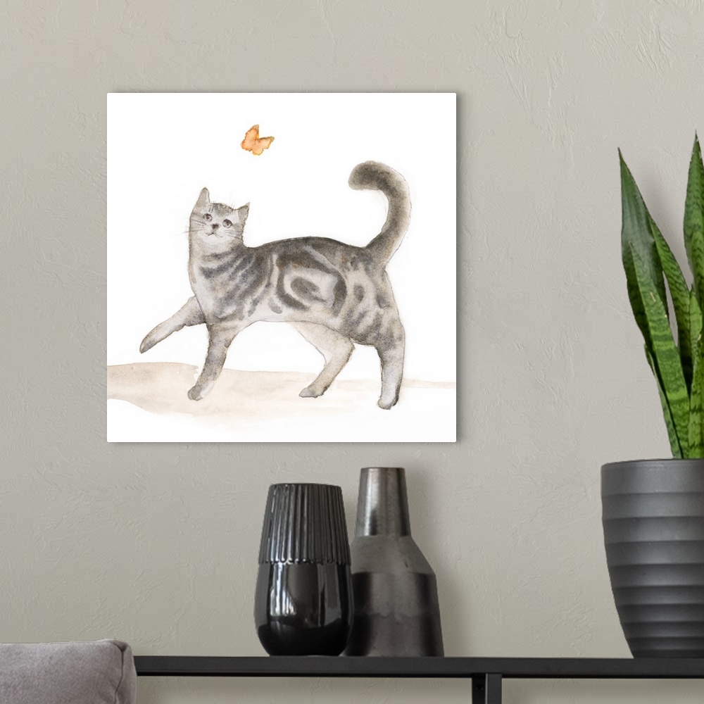 A modern room featuring Sweet watercolor painting of a grey tabby cat chasing a butterfly.