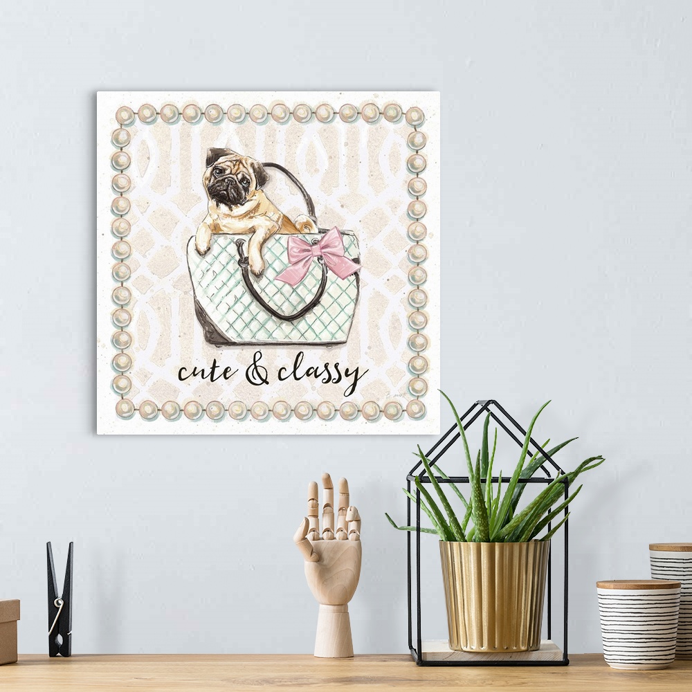 A bohemian room featuring Illustration of a cute pug puppy in a fashionable handbag.