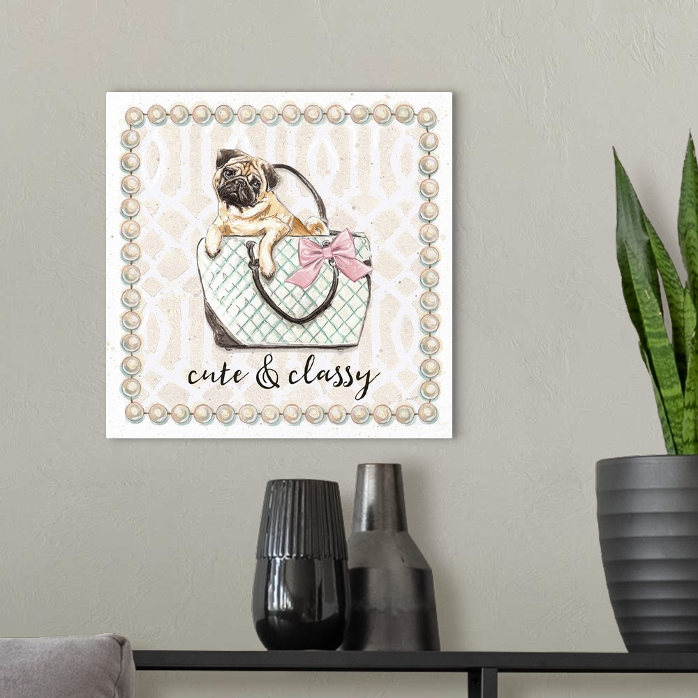 A modern room featuring Illustration of a cute pug puppy in a fashionable handbag.