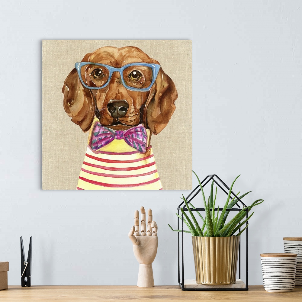 A bohemian room featuring A contemporary painting of a Dachshund wearing a pink and purple bow tie and blue glasses.