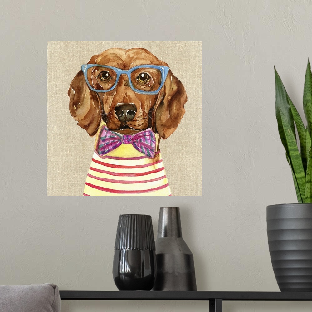 A modern room featuring A contemporary painting of a Dachshund wearing a pink and purple bow tie and blue glasses.