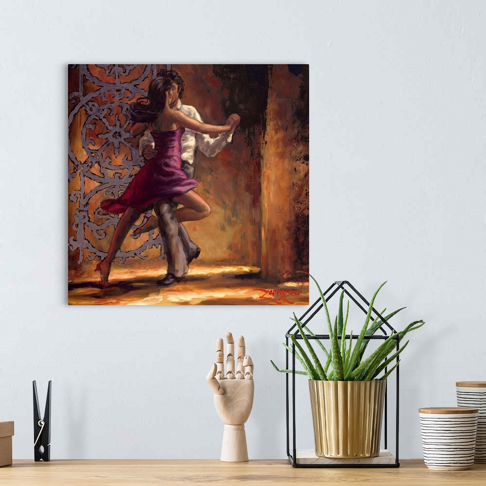 A bohemian room featuring Contemporary painting of a man and woman dancing together.