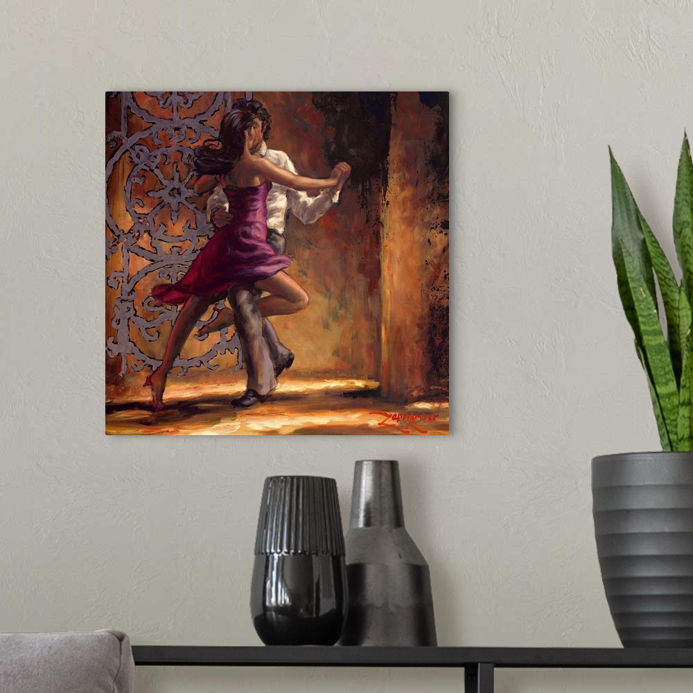 A modern room featuring Contemporary painting of a man and woman dancing together.