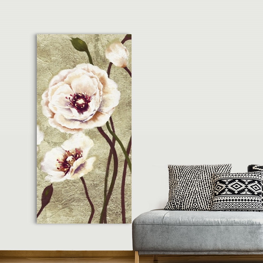 A bohemian room featuring Contemporary home decor art of soft pale pink poppies against a weathered rustic background.