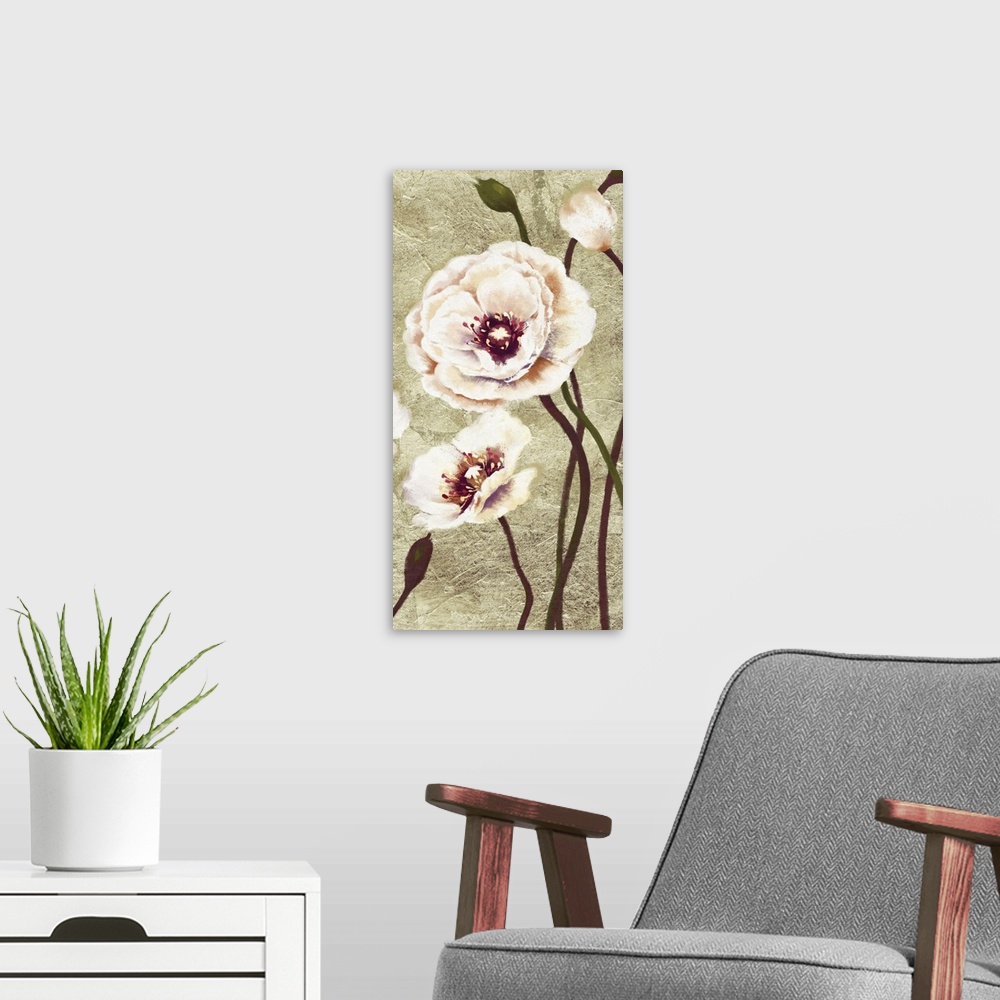 A modern room featuring Contemporary home decor art of soft pale pink poppies against a weathered rustic background.
