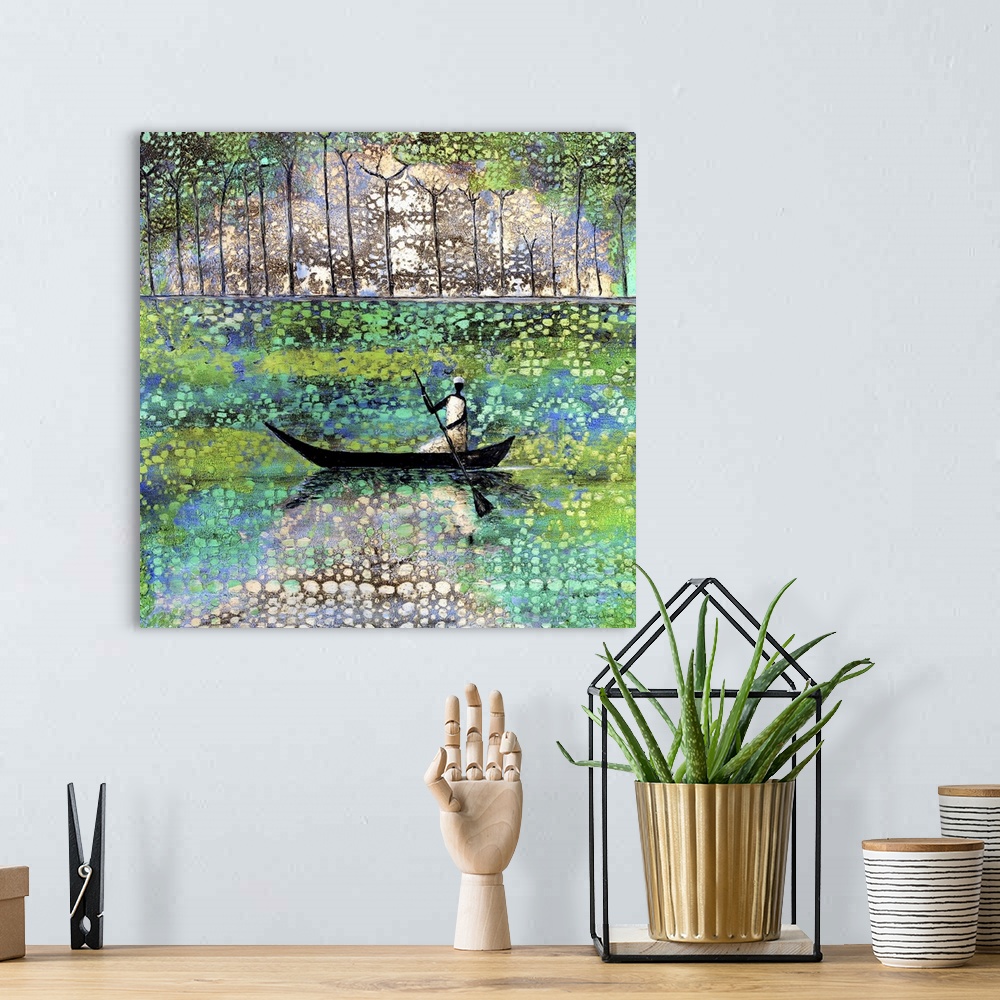A bohemian room featuring Contemporary painting of a figure paddling a boat on the river.