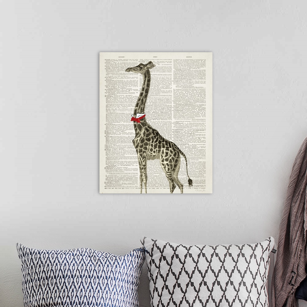 A bohemian room featuring Vintage illustration of a giraffe with a bowtie on a dictionary page.