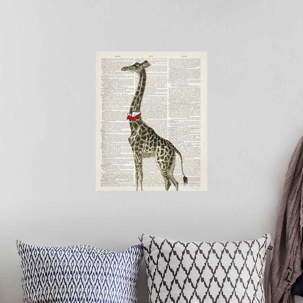 A bohemian room featuring Vintage illustration of a giraffe with a bowtie on a dictionary page.