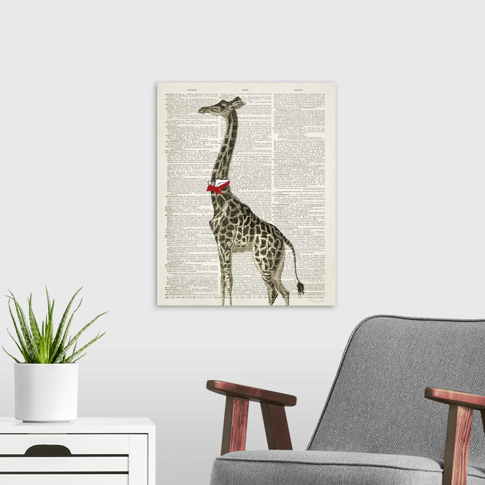 A modern room featuring Vintage illustration of a giraffe with a bowtie on a dictionary page.