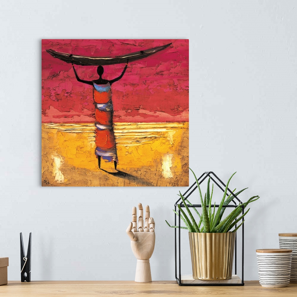 A bohemian room featuring Contemporary painting of a tribal figure holding a boat above head.
