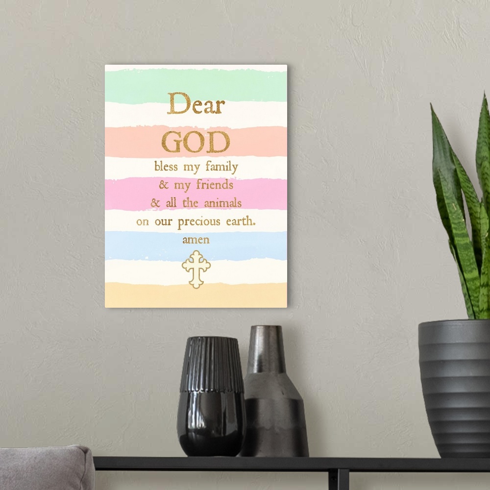 A modern room featuring Children's typography artwork of a prayer over pastel stripes.