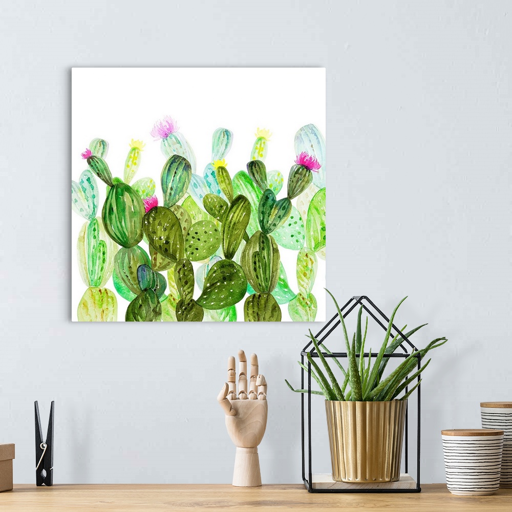 A bohemian room featuring Vivid illustration of a variety of green cactus plants.