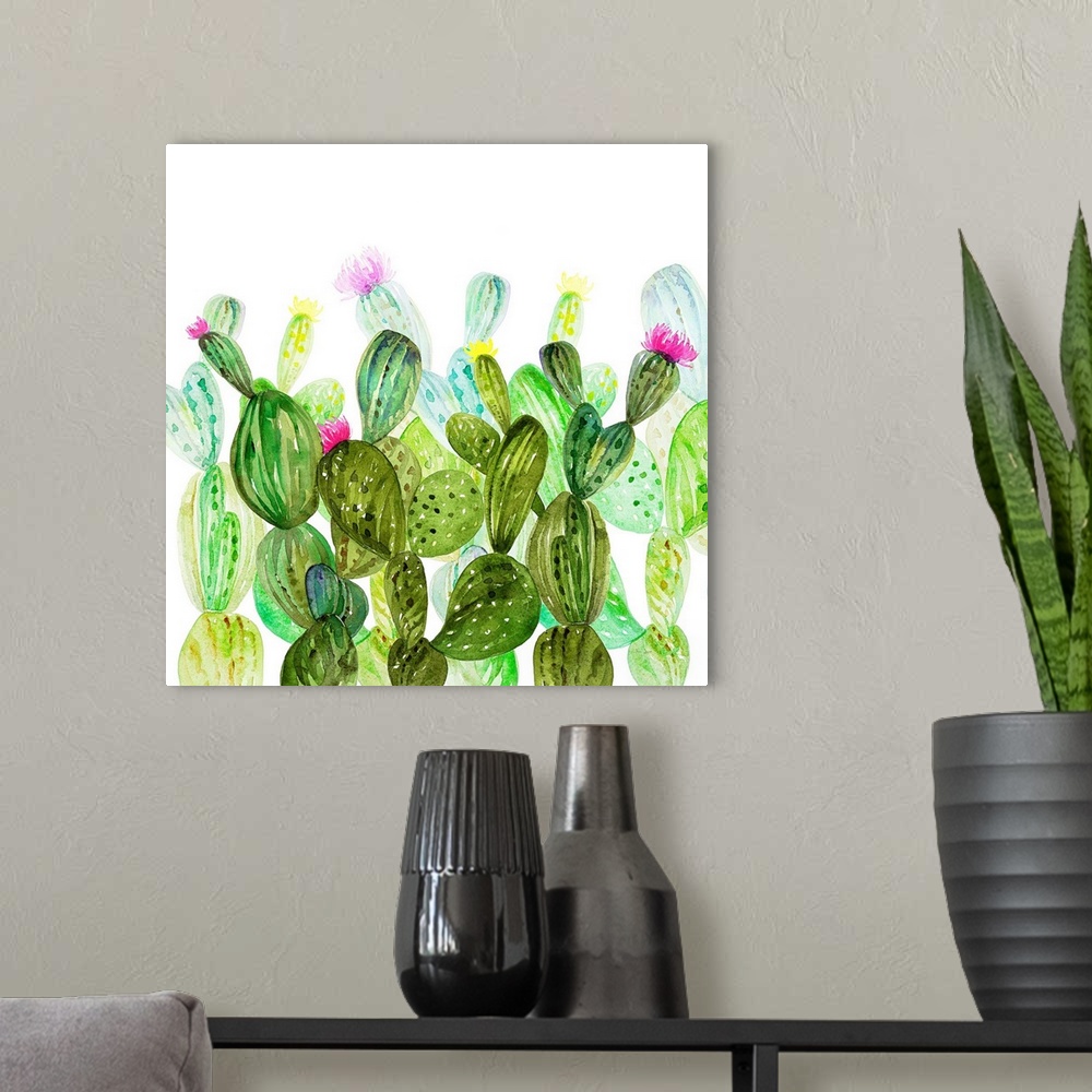 A modern room featuring Vivid illustration of a variety of green cactus plants.