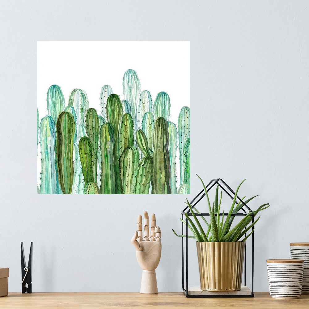 A bohemian room featuring Vivid illustration of a variety of green cactus plants.
