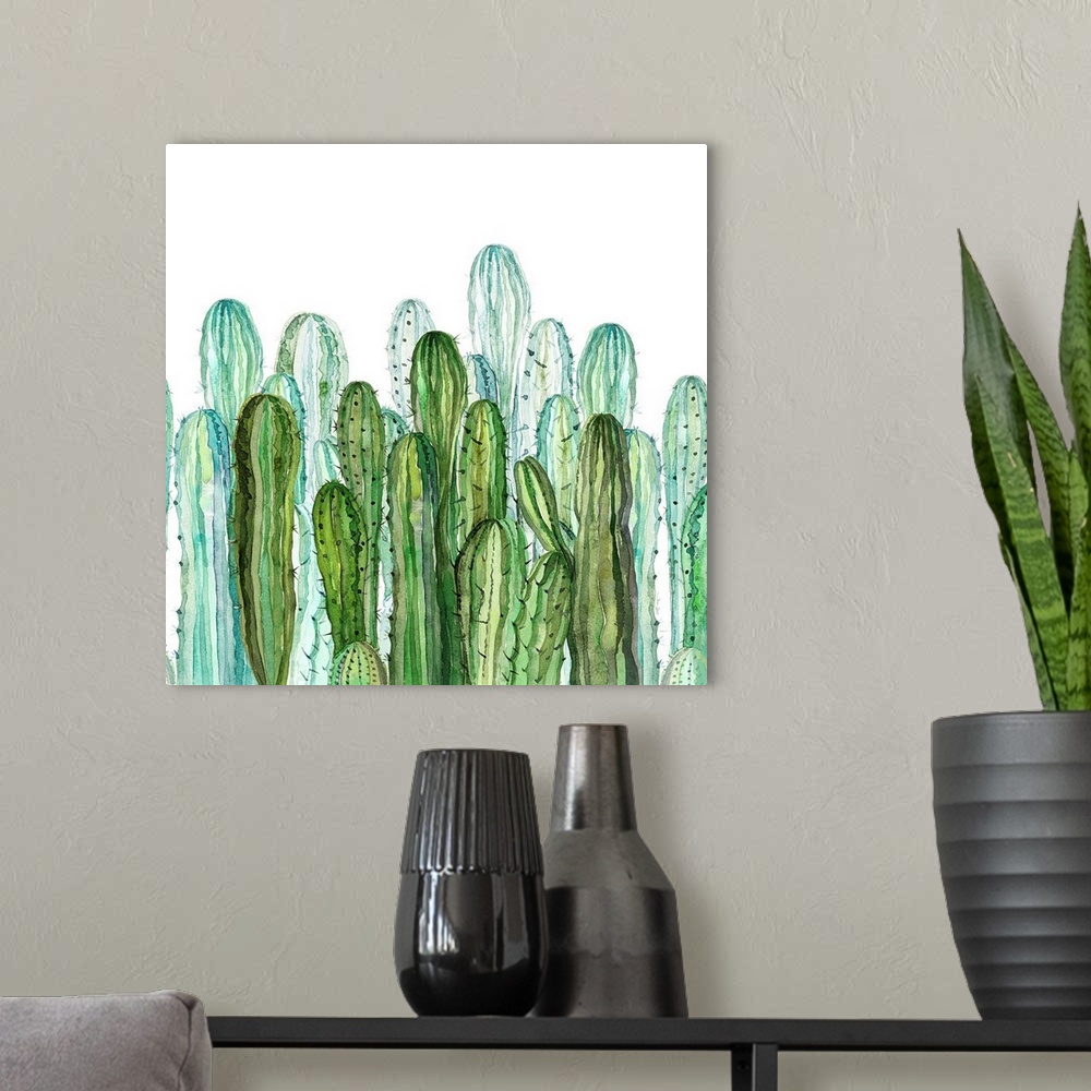 A modern room featuring Vivid illustration of a variety of green cactus plants.