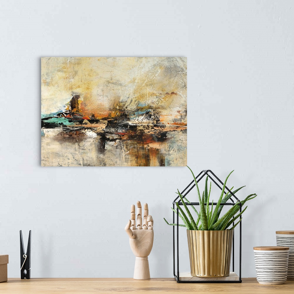 A bohemian room featuring Contemporary abstract art print with a heavy texture effect in coppery shades of orange and yello...
