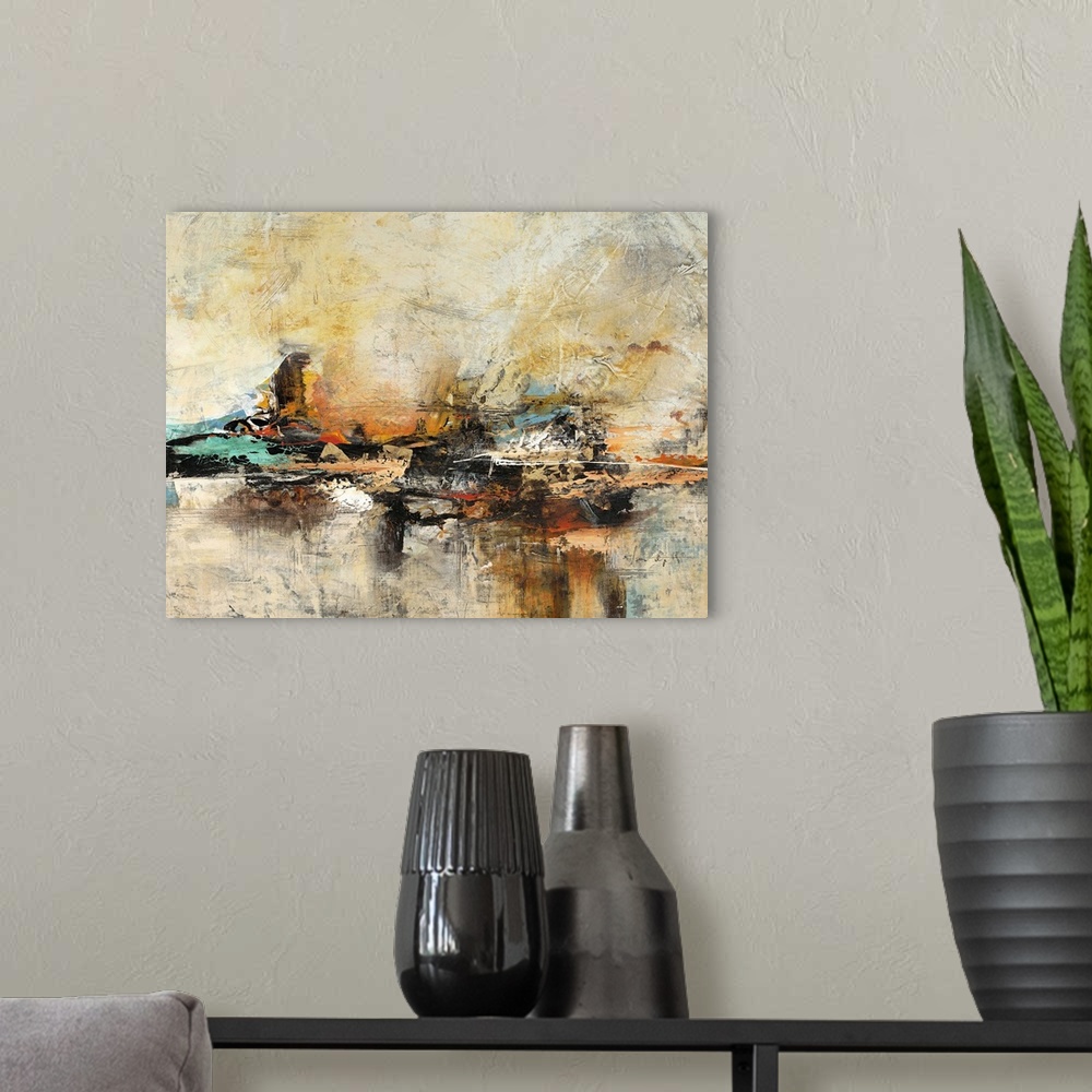 A modern room featuring Contemporary abstract art print with a heavy texture effect in coppery shades of orange and yello...