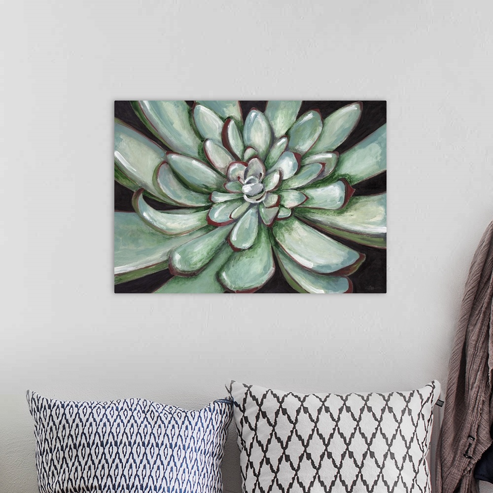A bohemian room featuring Contemporary home decor artwork of a close-up of a green succulent.