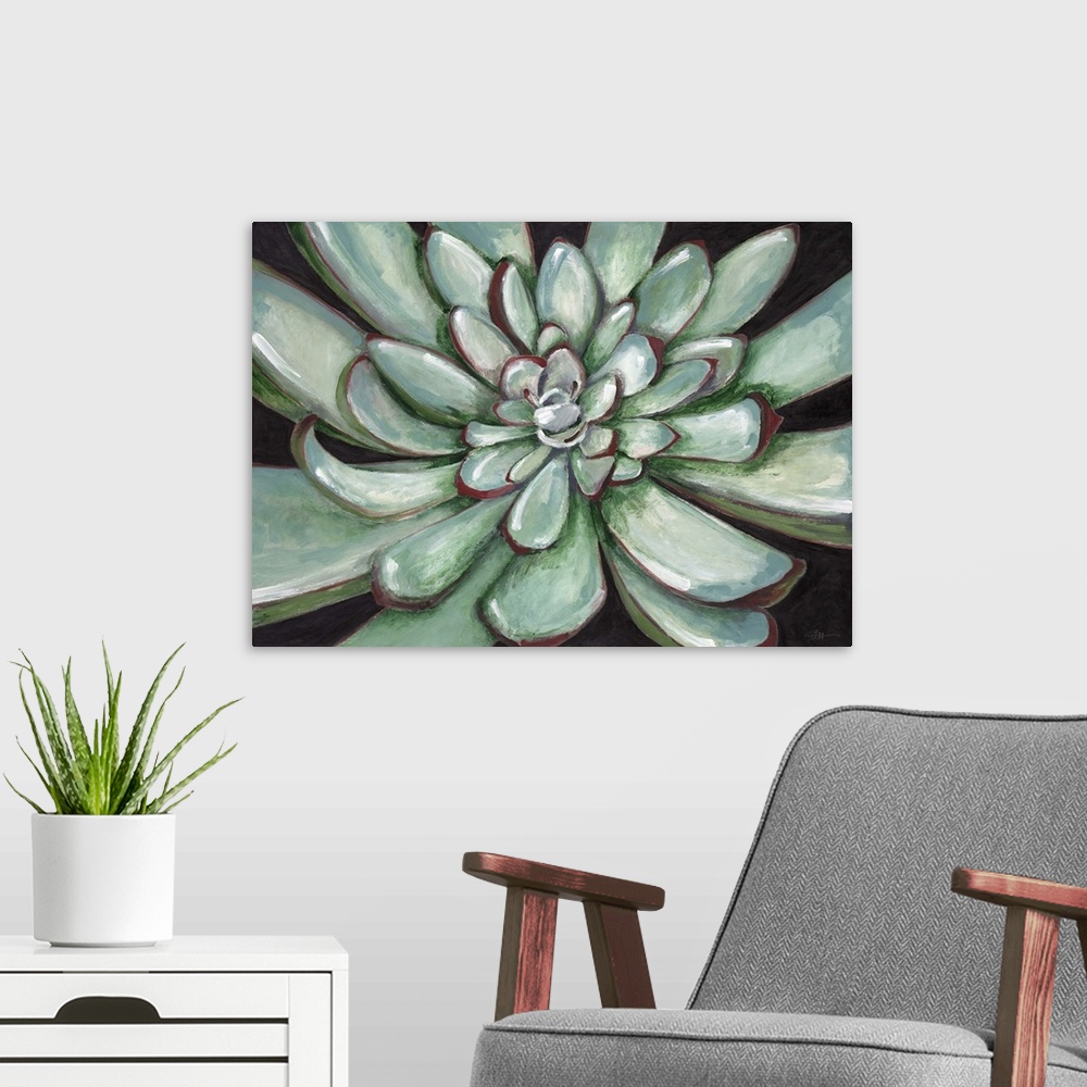 A modern room featuring Contemporary home decor artwork of a close-up of a green succulent.